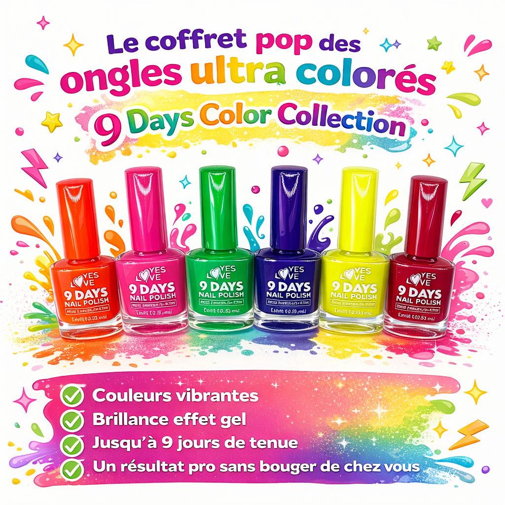 Lot de 6 Vernis à Ongles Colorés 6 x 13 ml – Effet Gel Brillant – Tenue 9 Jours – Séchage Rapide – Couleurs Vives – Finition Professionnelle OCIBEL