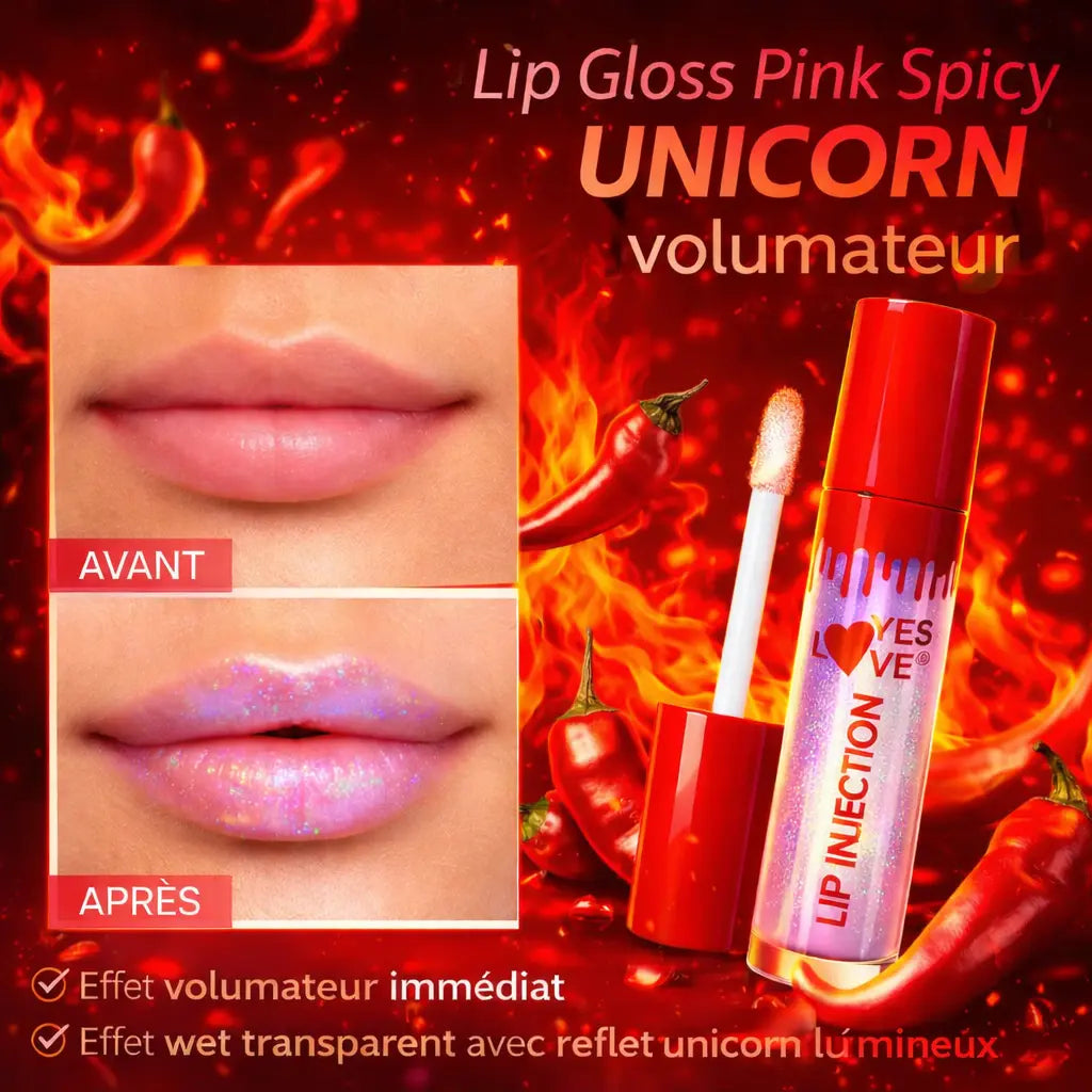 Lip Gloss Pink Spicy Unicorn volumateur – effet wet brillant – gloss repulpant mentholé – lèvres pulpeuses hydratées effet Unicorn
