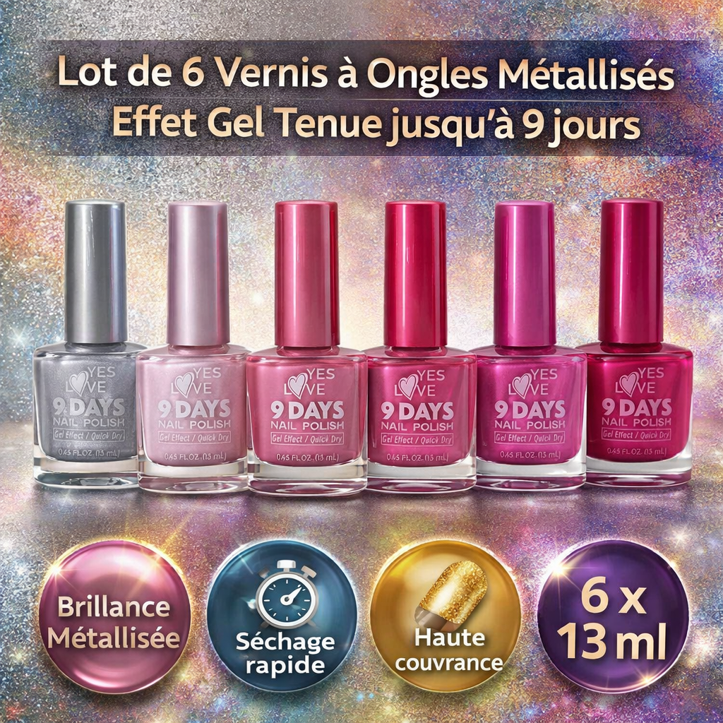 Lot de 6 Vernis à Ongles Métallisés Effet Gel – Longue Tenue 9 Jours – Brillance Intense – Séchage Rapide – Couleurs Tendances Modernes et Classiques – Haute Couvrance 01 OCIBEL